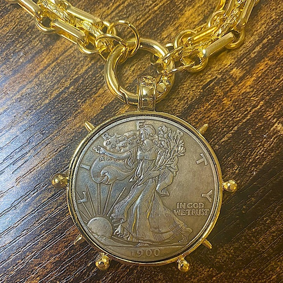 Gold Walking Liberty Coin Statement Necklace Large Chunky 1900 Liberty Coin - Picture 3 of 5